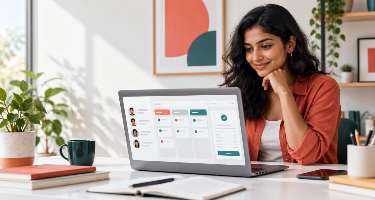 Freelancer reviewing an organised client task board on a laptop
